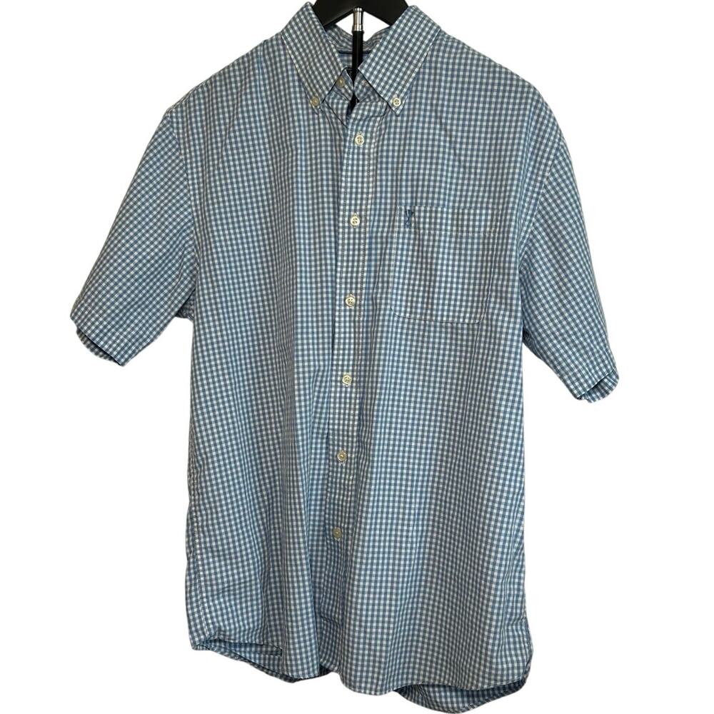 VTG Y2K Arrow Light Blue Gingham Plaid Short Sleeve Button Down Shirt Basics